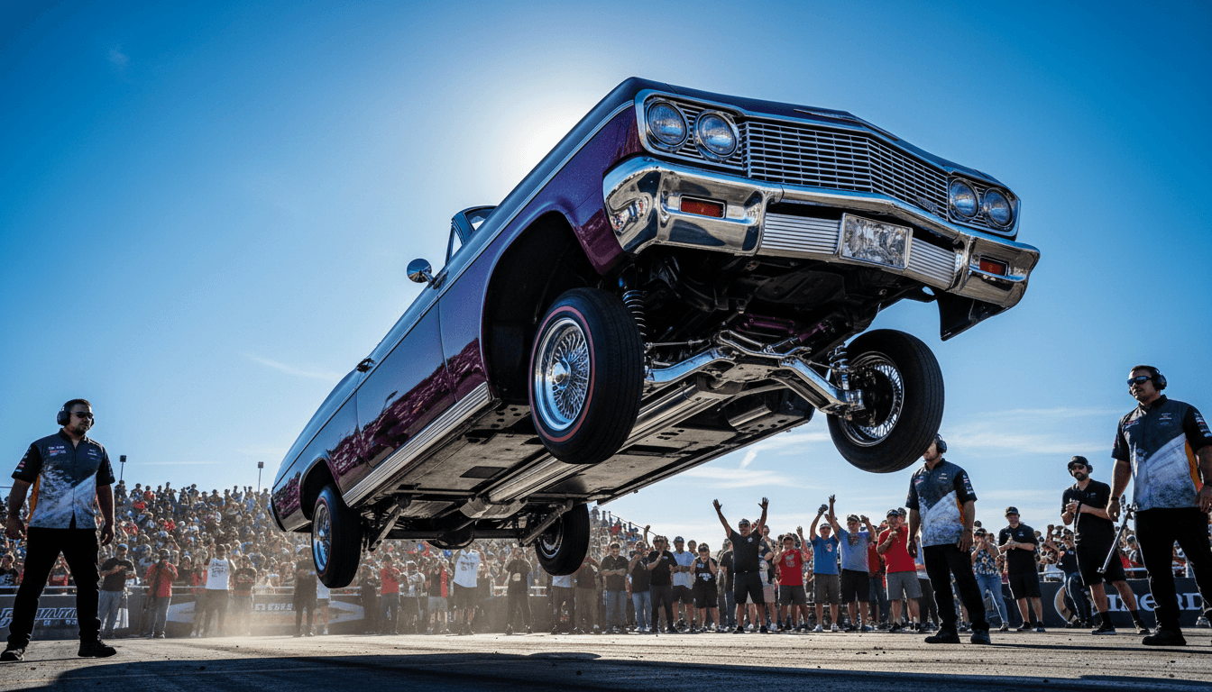 Lowrider car mid-hop at competition with crowd in background