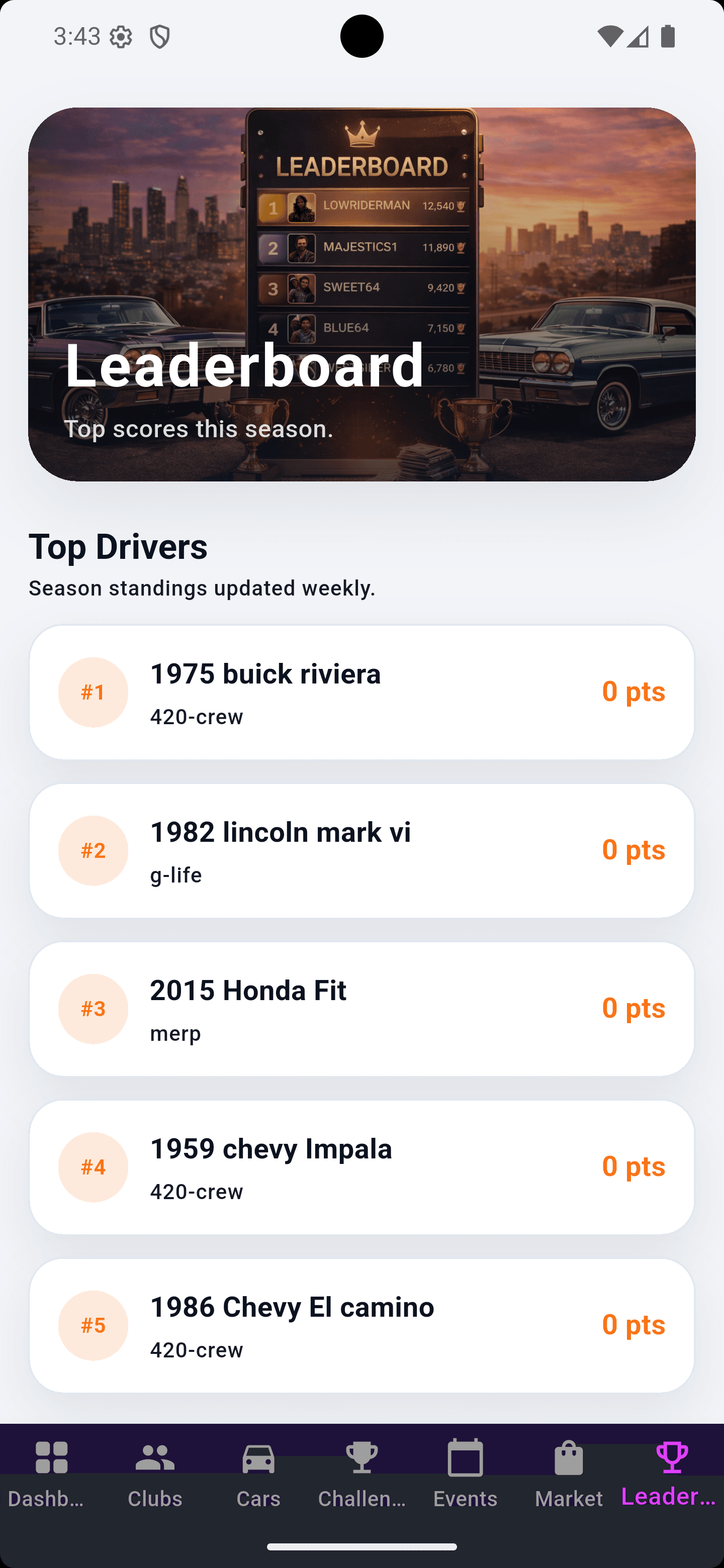 Mobile app screen displaying a leaderboard of top drivers with their classic car models.