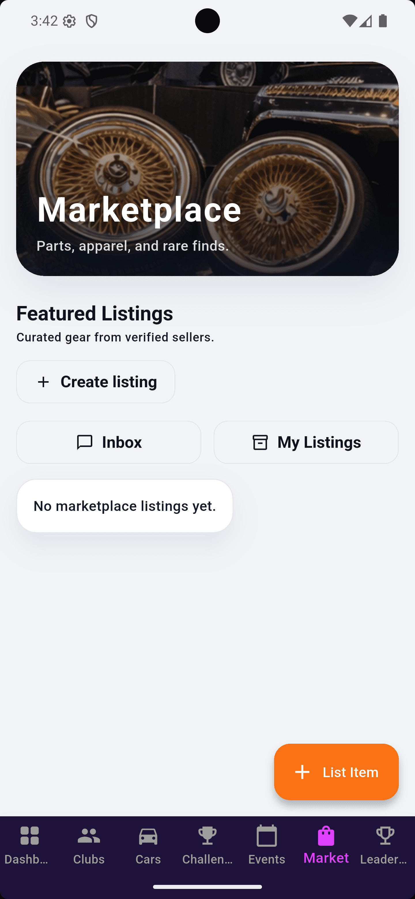 Car marketplace app interface with gold wire wheels banner and buttons to manage listings.
