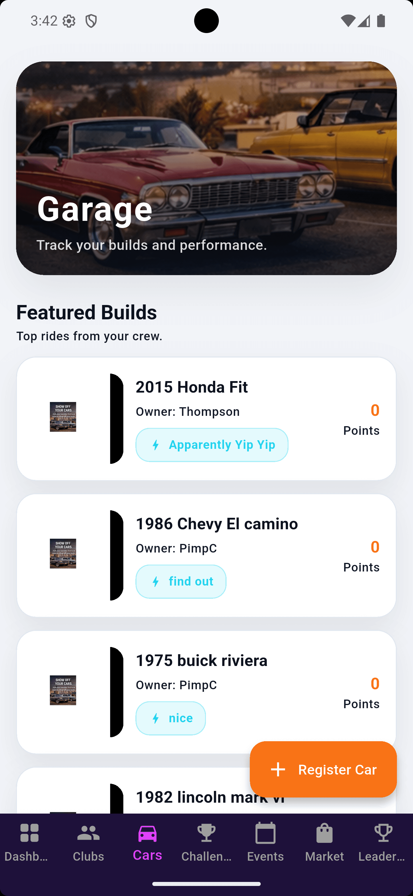 Mobile app screen titled Garage, displaying a list of featured car builds and owners.
